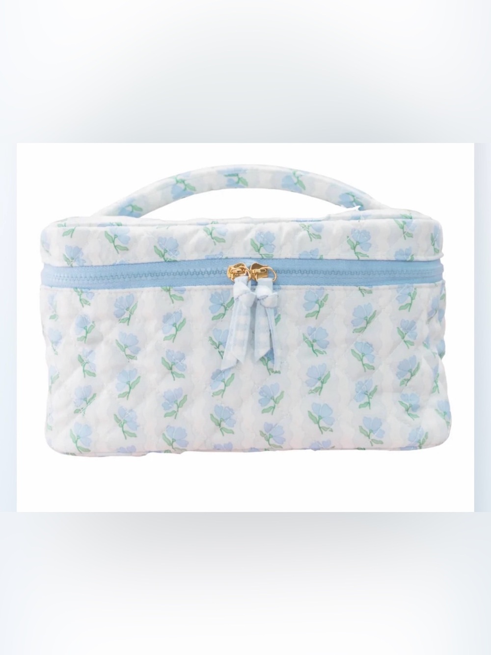 Blue Belle Floral Quilted Cosmetic Bag with Top Handle
